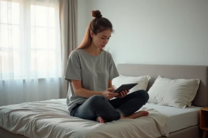 Femme assise sur un matelas en train de lire des avis clients sur une tablette pour évaluer la fiabilité d'une marque de matelas