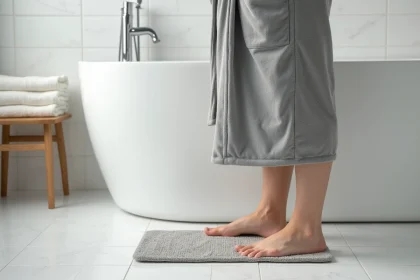 Jeune femme en peignoir pose son pied sur un tapis antidérapant