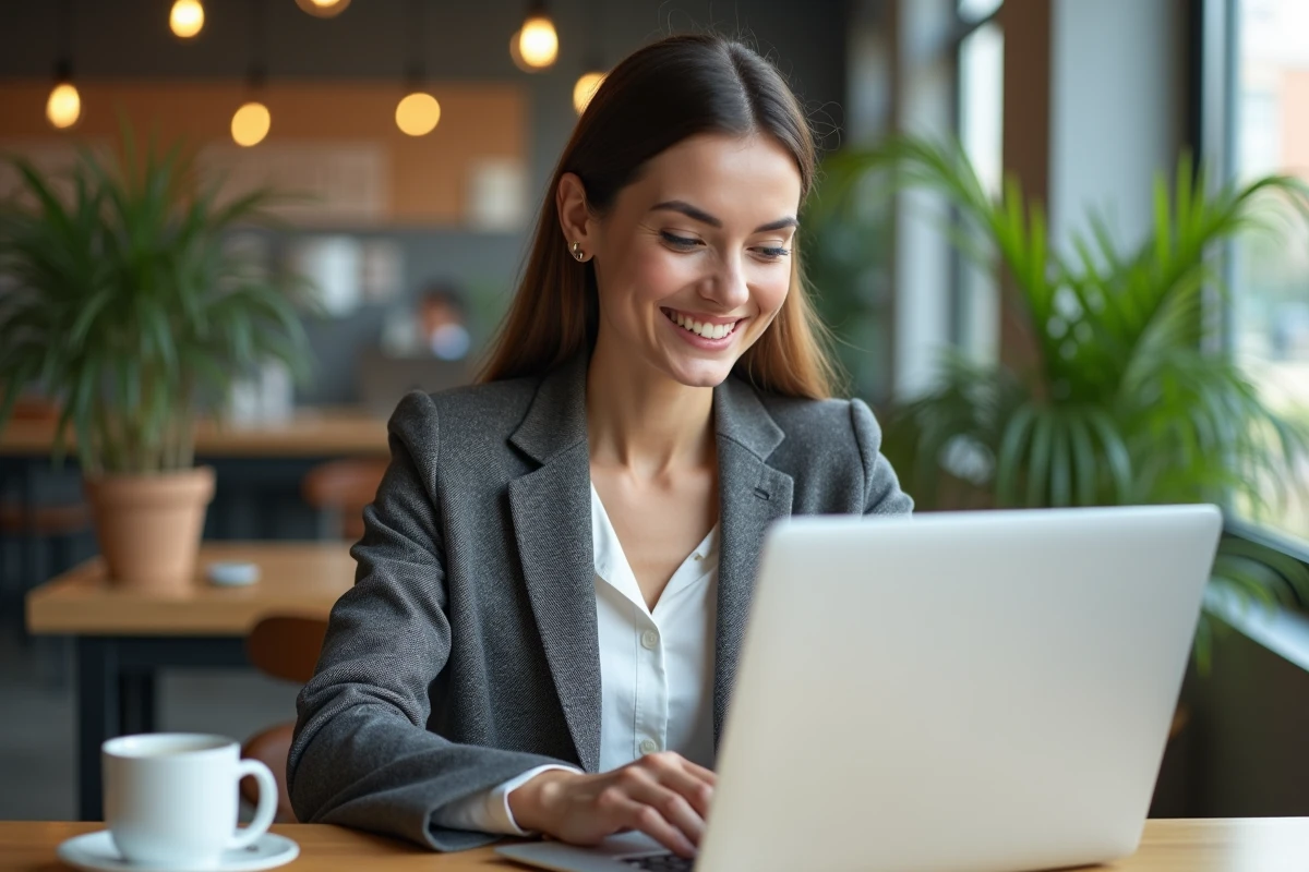 Femme souriante dans un espace coworking moderne