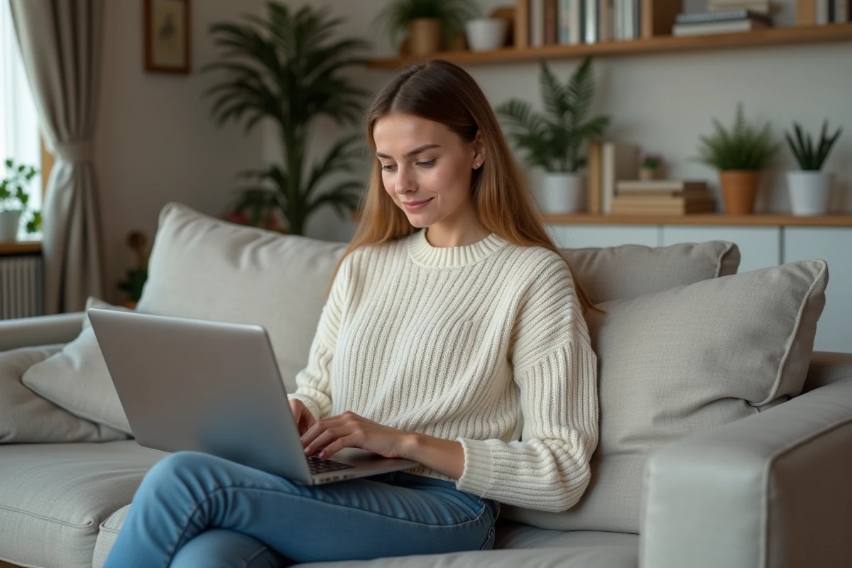 Jeune femme sur canapé en homewear utilisant un ordinateur