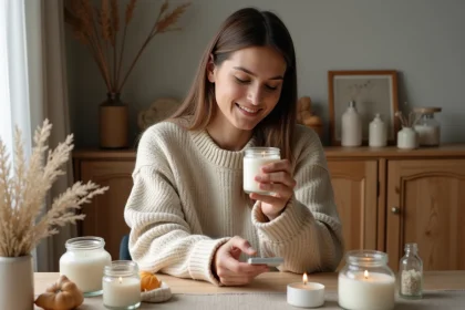 Jeune femme sentant une bougie naturelle dans un intérieur cosy