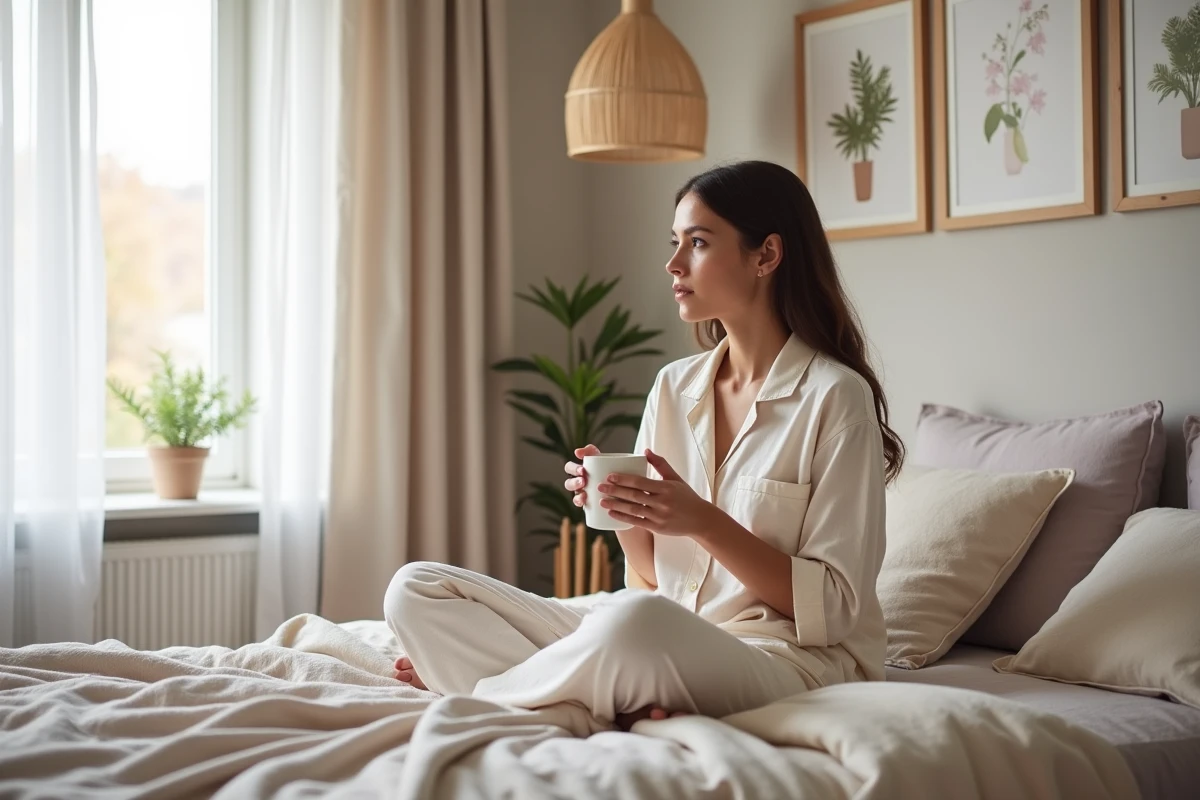 Jeune femme assise sur un lit dans une chambre aux tons grège et lavande pâle tenant une tasse de thé dans une atmosphère sereine et apaisante
