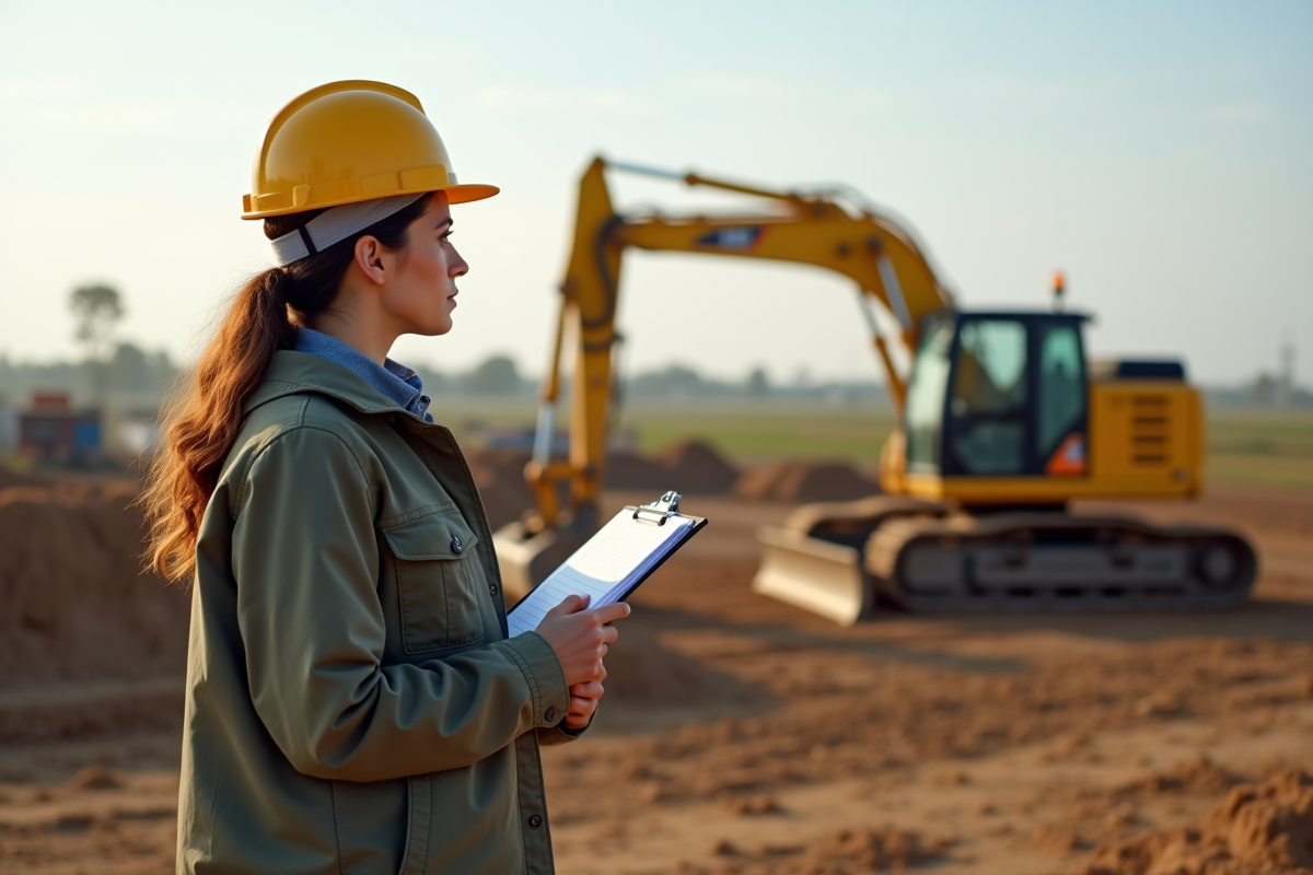 Femme gestionnaire de chantier observant une mini pelle