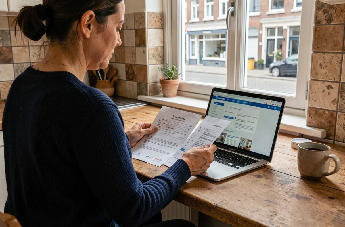 Femme comparant des devis de rénovation énergétique sur ordinateur et documents imprimés à la maison