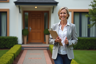 Femme confiante avec porte moderne en arrière-plan