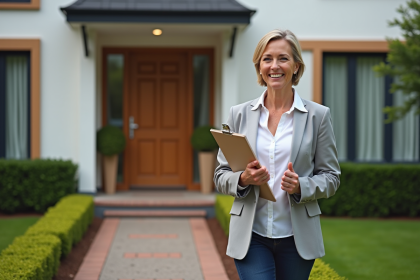 Femme confiante avec porte moderne en arrière-plan