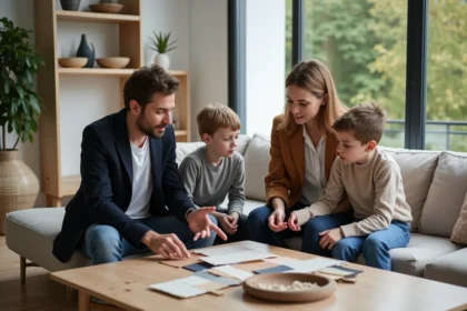 Femme en blazer consultante avec famille dans salon moderne