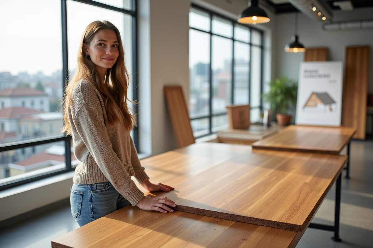Jeune femme regardant des panneaux de bois dans un showroom moderne