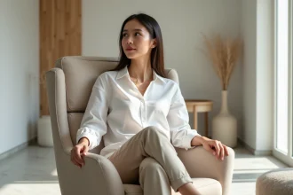 Jeune femme en blanc et beige dans un salon lumineux
