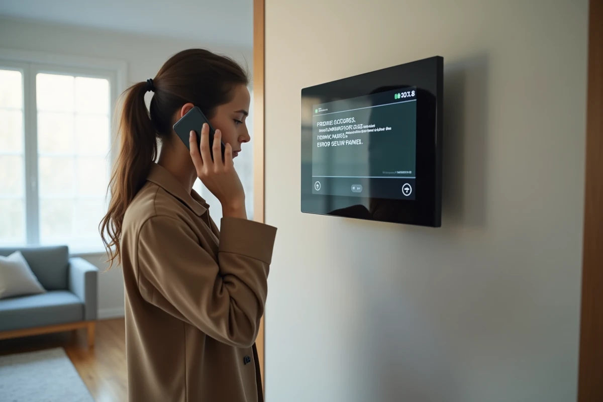 Femme regardant un panneau de contrôle avec erreur à la maison