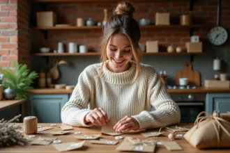 Femme créant un calendrier de l'avent DIY avec des enveloppes en papier kraft et de la ficelle sur une table en bois rustique