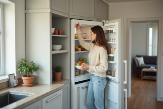 Femme arrangeant des courses dans un frigo moderne dans la cuisine
