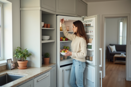 Femme arrangeant des courses dans un frigo moderne dans la cuisine