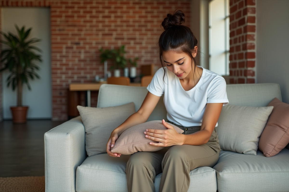 Jeune femme arrangeant des coussins dans un salon rénové