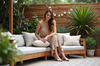 Femme élégante en été arrangeant des coussins sur un sofa extérieur