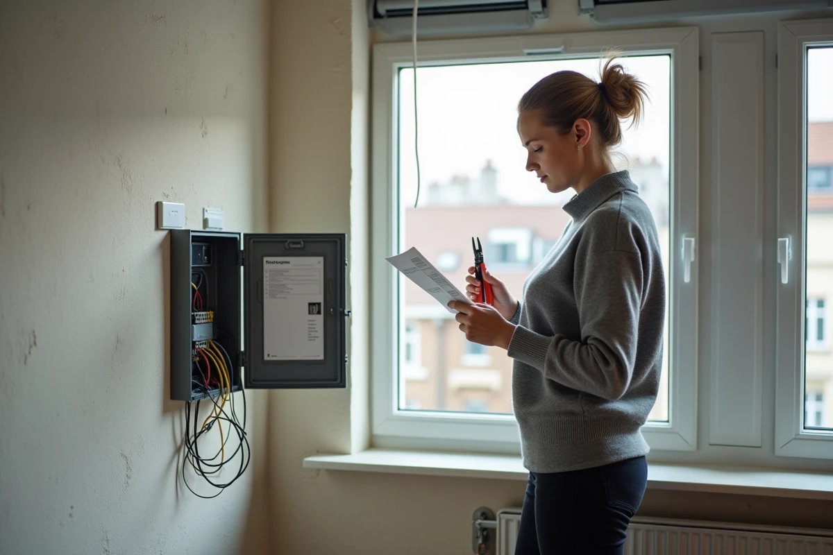 Jeune femme vérifie un volet roulant bloqué dans un appartement