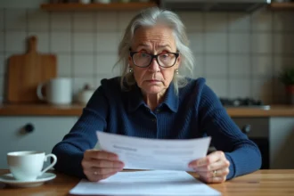 Femme inquiète consultant des documents officiels liés aux risques signalés chez Isol1 à Mayenne