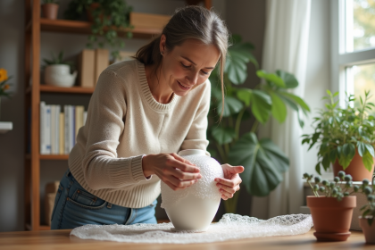 Femme emballant un vase en céramique dans un salon lumineux