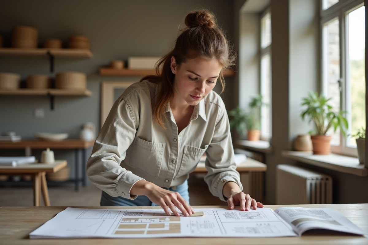 Jeune femme touchant un échantillon d