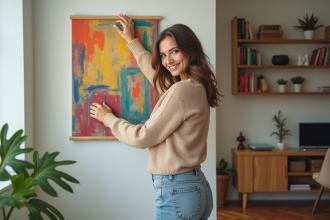 Jeune femme accrochant une peinture abstraite dans un salon cosy