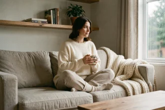 Femme introvertie dans un salon hygge cosy, assise sur un canapé en lin avec un pull en laine et une tasse en céramique, ambiance refuge douillet
