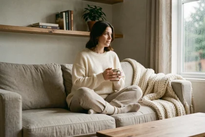 Femme introvertie dans un salon hygge cosy, assise sur un canapé en lin avec un pull en laine et une tasse en céramique, ambiance refuge douillet