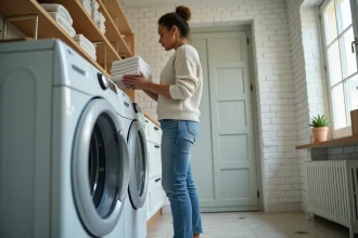 Femme lisant le panneau de contrôle d'une machine à laver avec serviettes