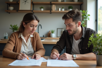 Femme d'âge moyen examinant des documents de location avec un jeune homme