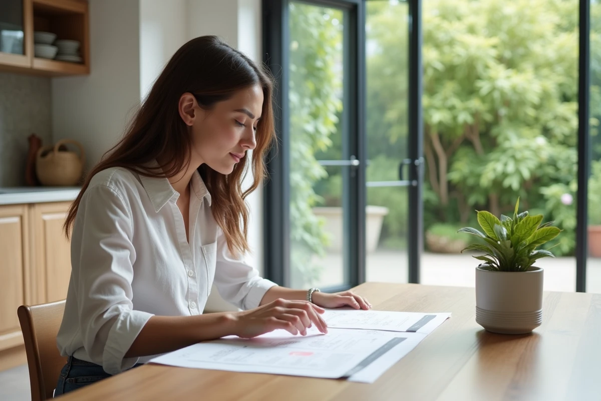 Jeune femme examinant des plans de renovation près de portes patio