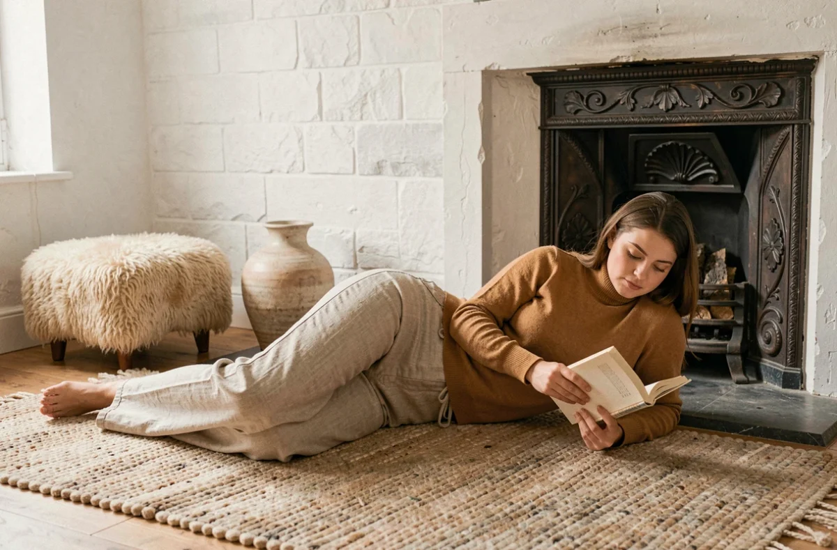 Femme introvertie allongée sur un tapis en laine devant une cheminée en fonte, lisant un livre dans un intérieur hygge épuré aux murs en pierre blanchie
