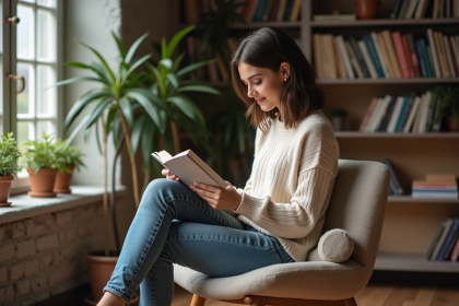 Jeune femme lisant dans un salon cosy et lumineux