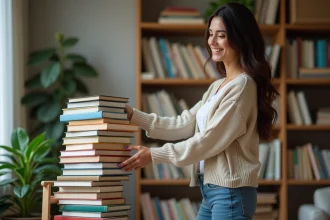 Femme souriante choisissant un livre dans une bibliothèque chaleureuse