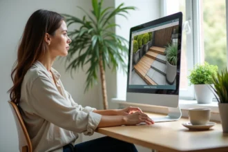 Femme utilisant le logiciel Kozikaza Leroy Merlin pour concevoir une terrasse en 3D sur son ordinateur