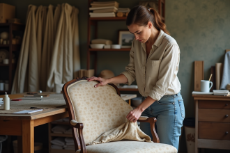 Femme mesurant un tissu à motifs dans un atelier cosy