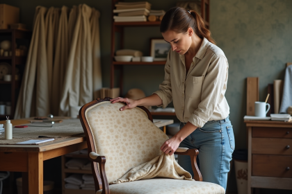 Femme mesurant un tissu à motifs dans un atelier cosy