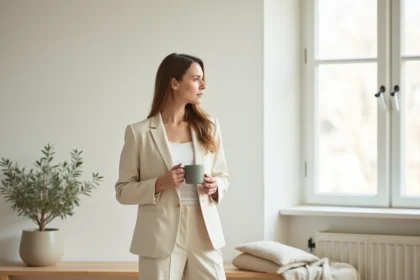 Femme en tenue minimaliste crème dans un appartement scandinave épuré tenant une tasse en céramique