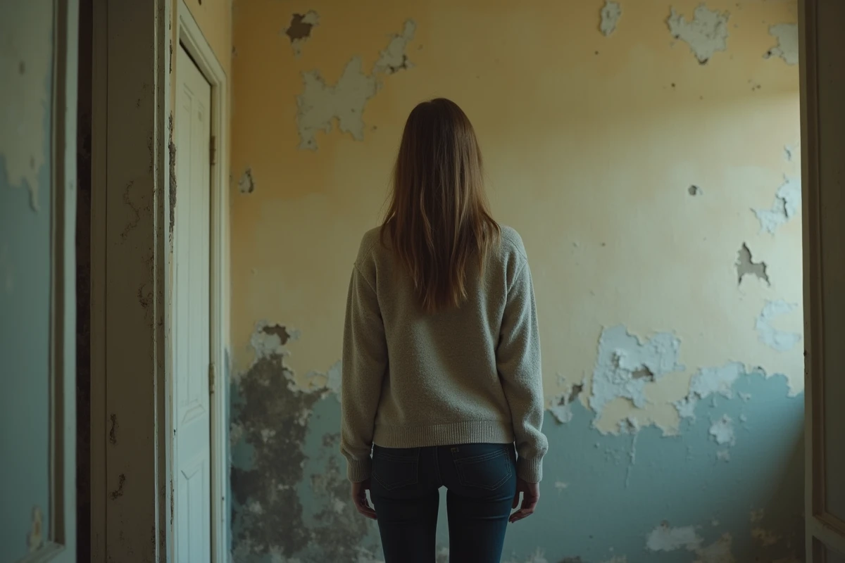 Jeune femme observant un mur humide dans un couloir