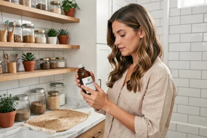 Femme lisant l'étiquette d'un produit POLILAR dans une salle de bain naturelle et écologique avec accessoires en bambou