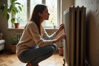Femme contemplant un radiateur en fonte dans un salon cosy