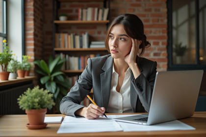 Jeune femme réfléchissant avec documents de location dans un appartement chaleureux