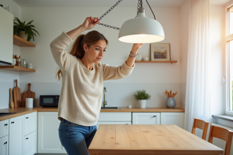 Femme ajustant une lampe suspendue moderne dans la cuisine
