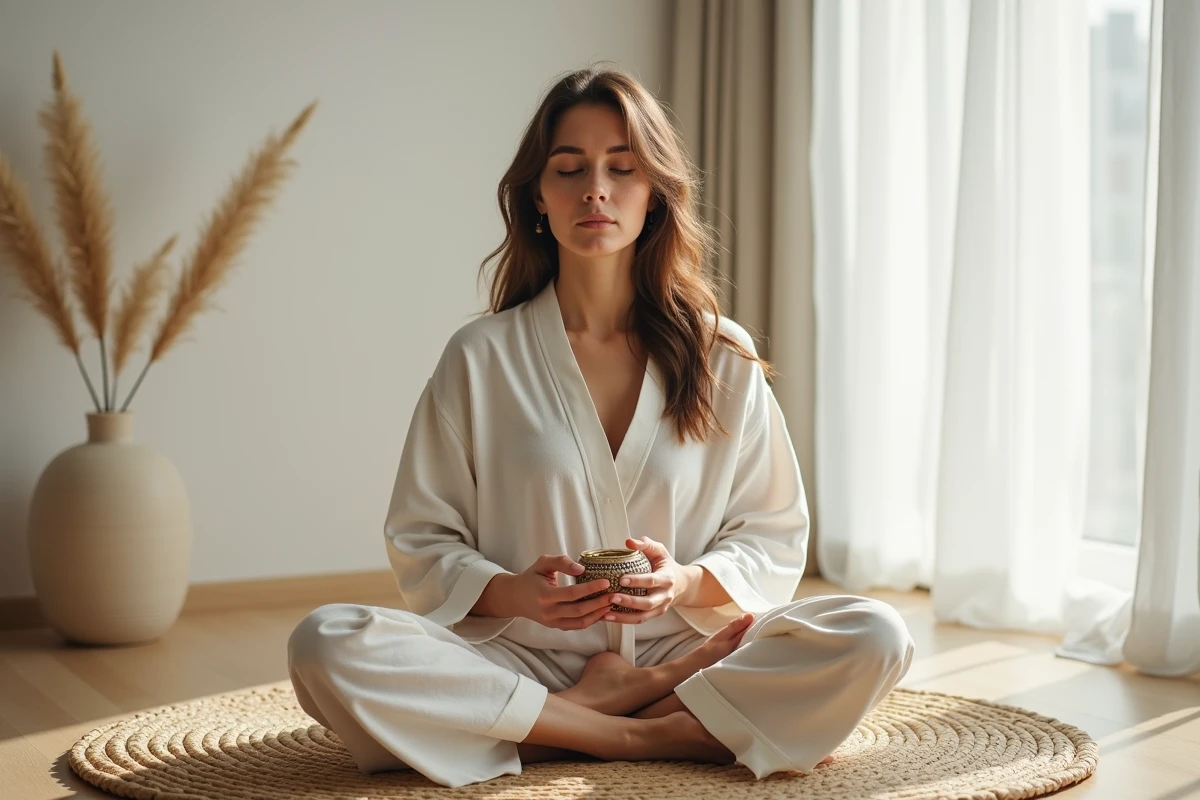 Femme en robe de lin pratiquant un rituel de bien-être avec de l'encens bakhour dans un appartement minimaliste