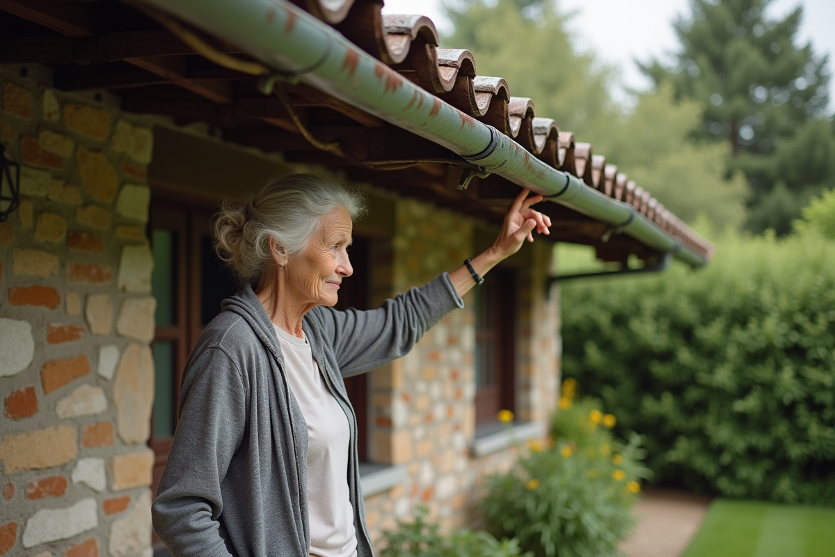 Femme âgée observant une gouttière en zinc dans son jardin