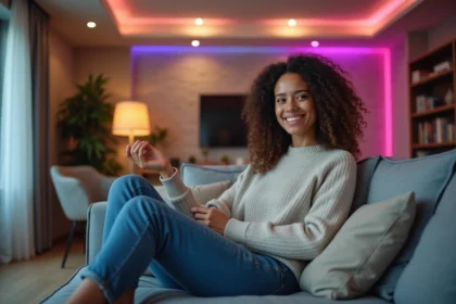 Femme souriante dans un salon moderne avec lumières RGB