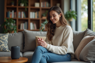 Jeune femme dans un salon moderne parlant à un assistant vocal