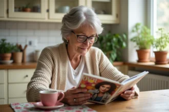 Femme senior feuilletant un catalogue Blancheporte à la table de sa cuisine