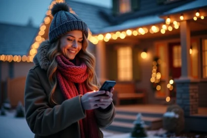 Femme souriante avec smartphone devant maison decorée noel