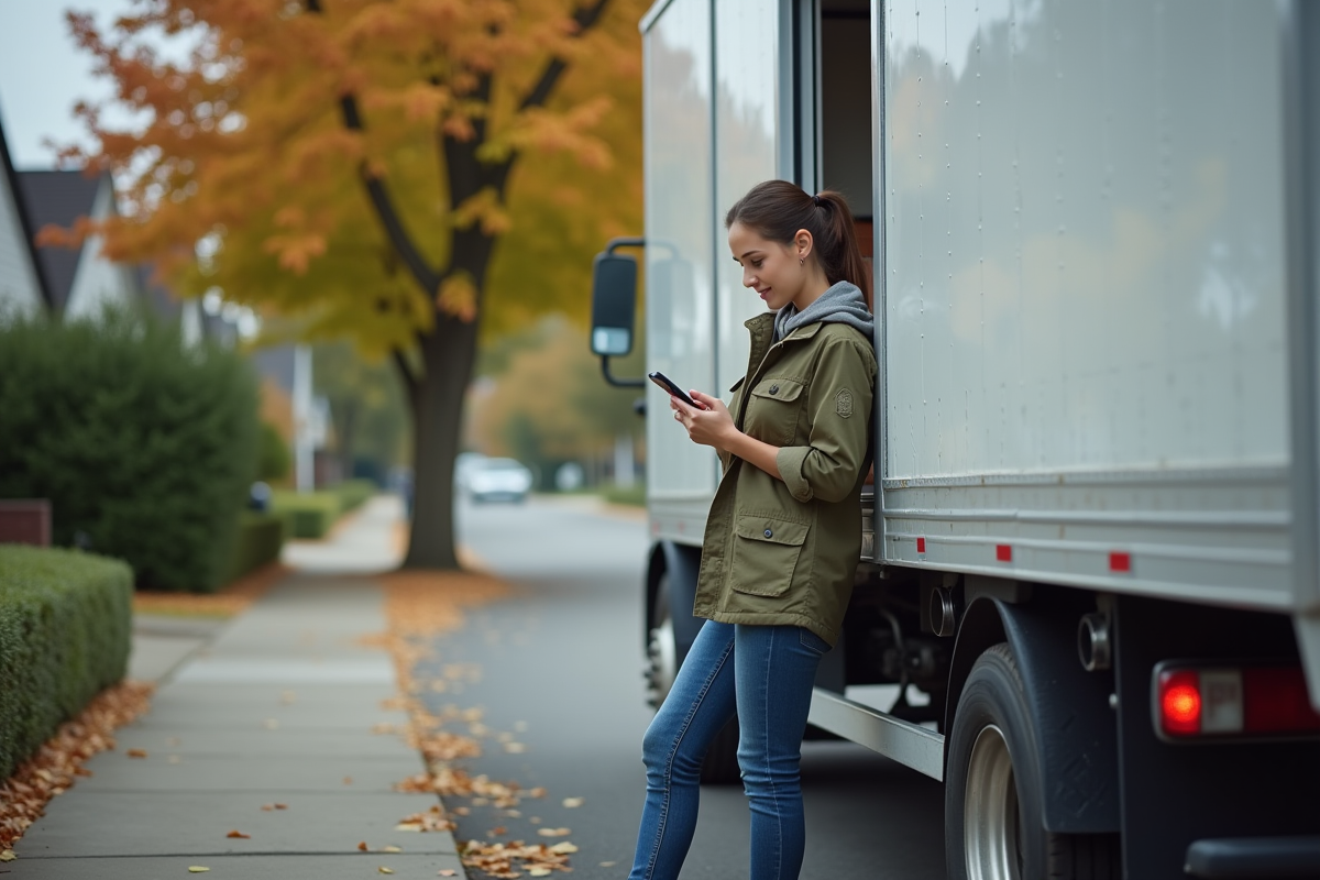 Jeune femme utilisant son smartphone près d’un camion de déménagement