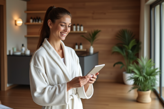 Femme en robe blanche dans un spa accueillant