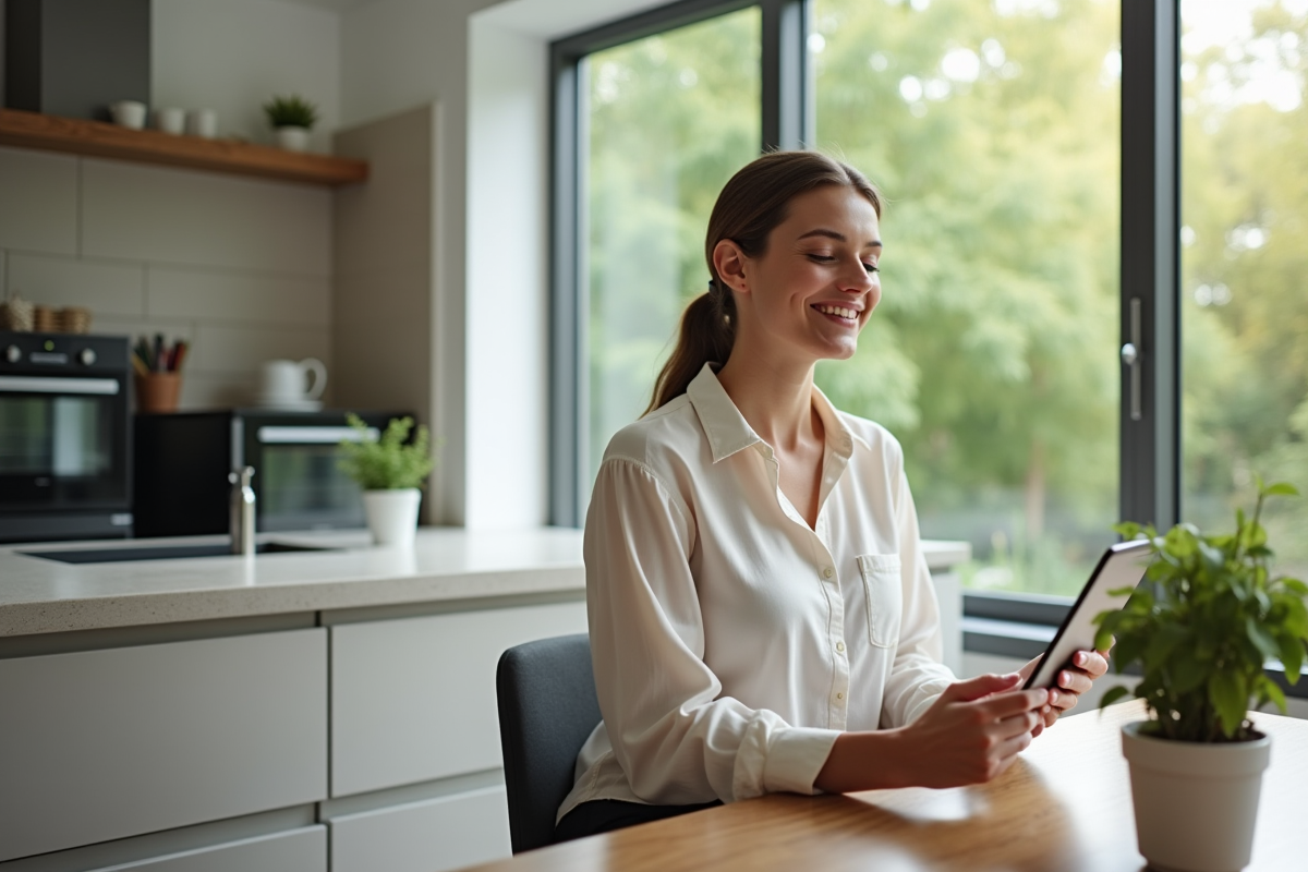 Jeune femme dans une cuisine moderne près d
